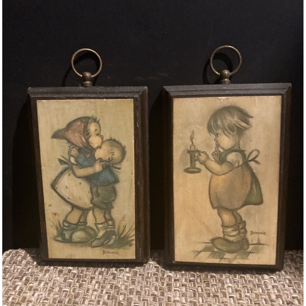 Set Of 2 Vintage 1970's "Bonnie" Hummel Style Wood Wall Plaques‎ Decoupage Decor